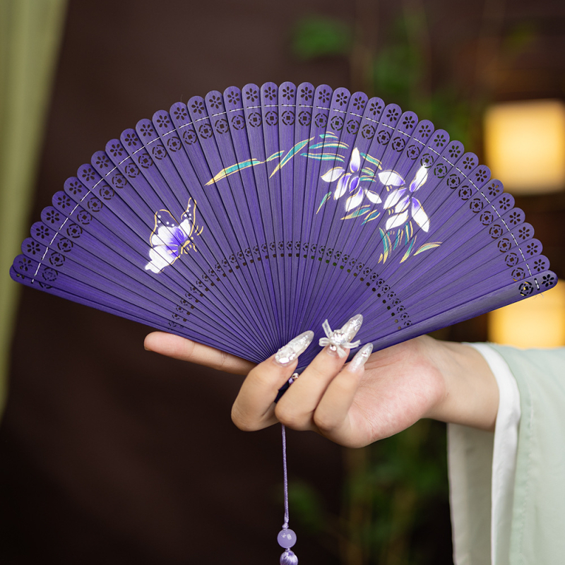 Hulgimüük Hiina stiilis täisbambusest nikerdatud õõnes Jaapani stiilis antiikne kokkupandav lehvik meestele ja naistele, käsitöö, punane ja must väike tantsulehv