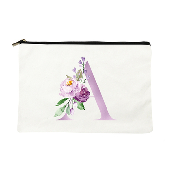 Paprasta violetinė kosmetinė su raidėmis, drobinė kosmetinė su daiktų laikymo rankena