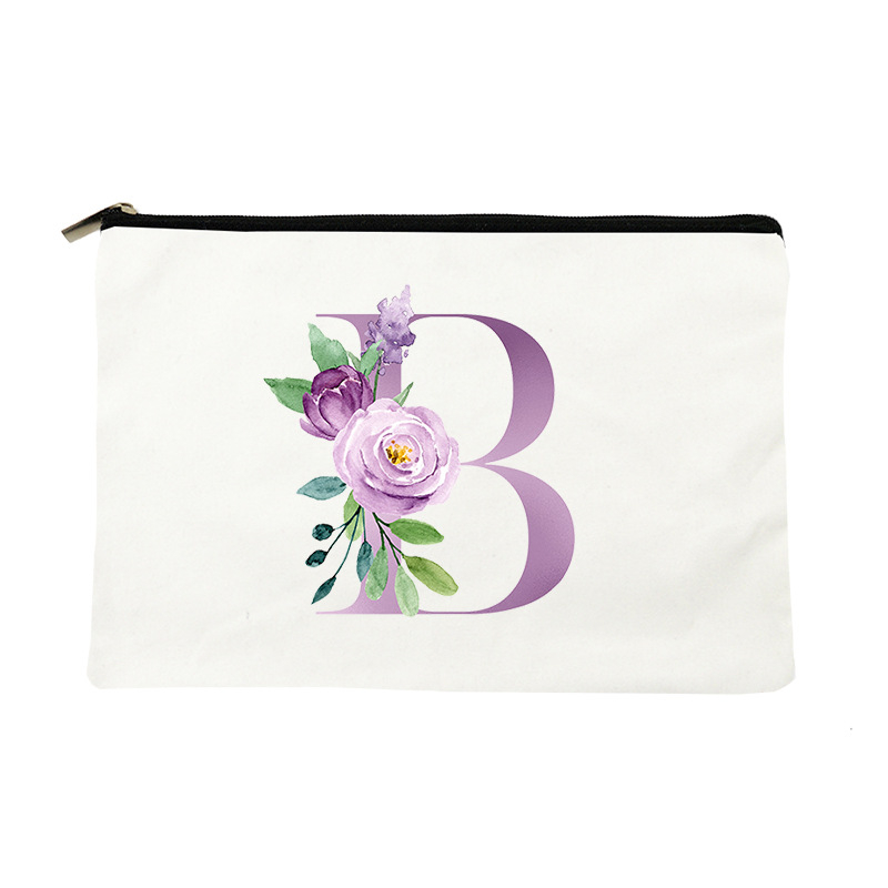 Paprasta violetinė kosmetinė su raidėmis, drobinė kosmetinė su daiktų laikymo rankena