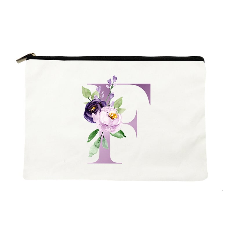 Paprasta violetinė kosmetinė su raidėmis, drobinė kosmetinė su daiktų laikymo rankena