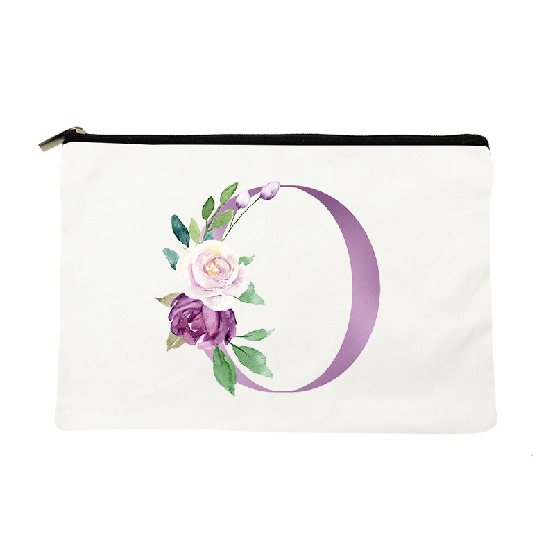 Paprasta violetinė kosmetinė su raidėmis, drobinė kosmetinė su daiktų laikymo rankena