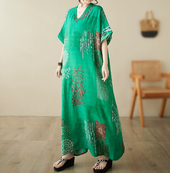 2025. aasta uus suvine stiilis kirjanduslik suur suurus lahtine pühadestiilis V-kaelusega lühikeste varrukatega kleit naiste rannaseelik pikk seelik