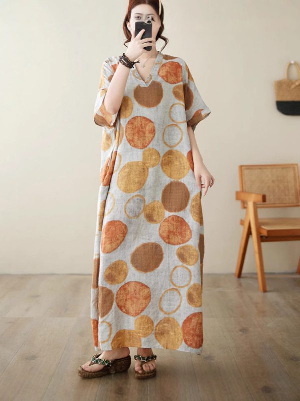 2025 m. naujo vasaros stiliaus literatūrinis didelio dydžio laisvas šventinio stiliaus V formos iškirptės trumpomis rankovėmis suknelė moteriškas paplūdimio sijonas ilgas sijonas