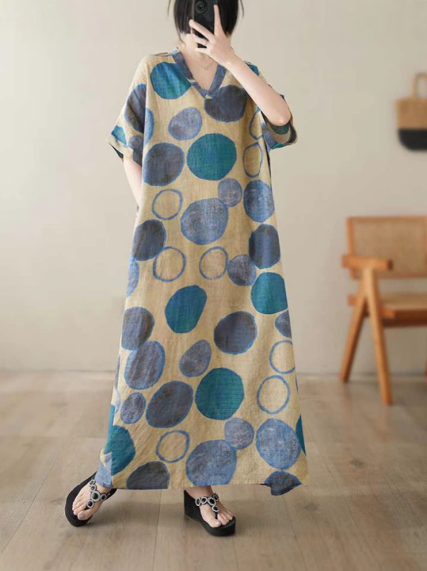 2025 m. naujo vasaros stiliaus literatūrinis didelio dydžio laisvas šventinio stiliaus V formos iškirptės trumpomis rankovėmis suknelė moteriškas paplūdimio sijonas ilgas sijonas