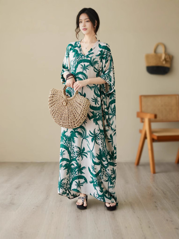 2025 m. naujo vasaros stiliaus literatūrinis didelio dydžio laisvas šventinio stiliaus V formos iškirptės trumpomis rankovėmis suknelė moteriškas paplūdimio sijonas ilgas sijonas