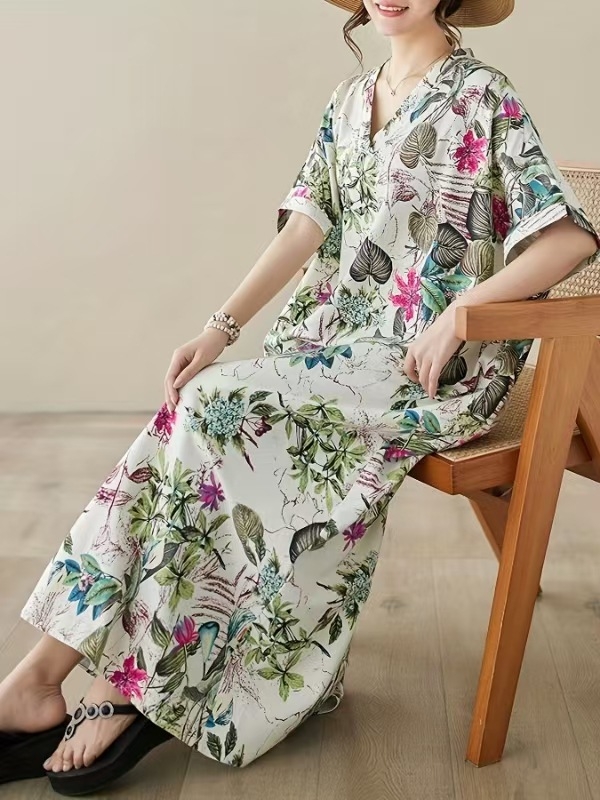 2025. aasta uus suvine stiilis kirjanduslik suur suurus lahtine pühadestiilis V-kaelusega lühikeste varrukatega kleit naiste rannaseelik pikk seelik