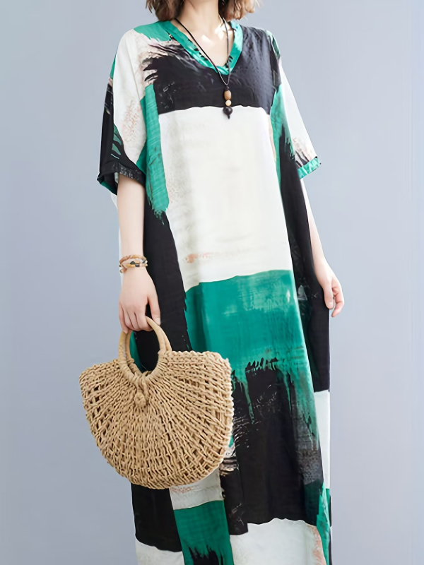 2025. aasta uus suvine stiilis kirjanduslik suur suurus lahtine pühadestiilis V-kaelusega lühikeste varrukatega kleit naiste rannaseelik pikk seelik