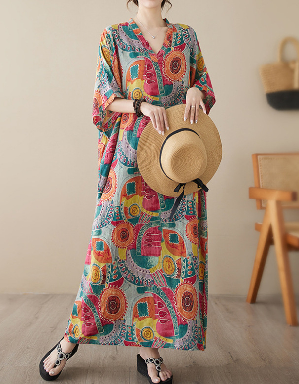 2025. aasta uus suvine stiilis kirjanduslik suur suurus lahtine pühadestiilis V-kaelusega lühikeste varrukatega kleit naiste rannaseelik pikk seelik