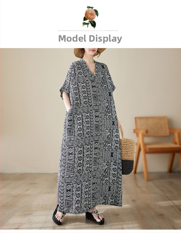 2025. aasta uus suvine stiilis kirjanduslik suur suurus lahtine pühadestiilis V-kaelusega lühikeste varrukatega kleit naiste rannaseelik pikk seelik