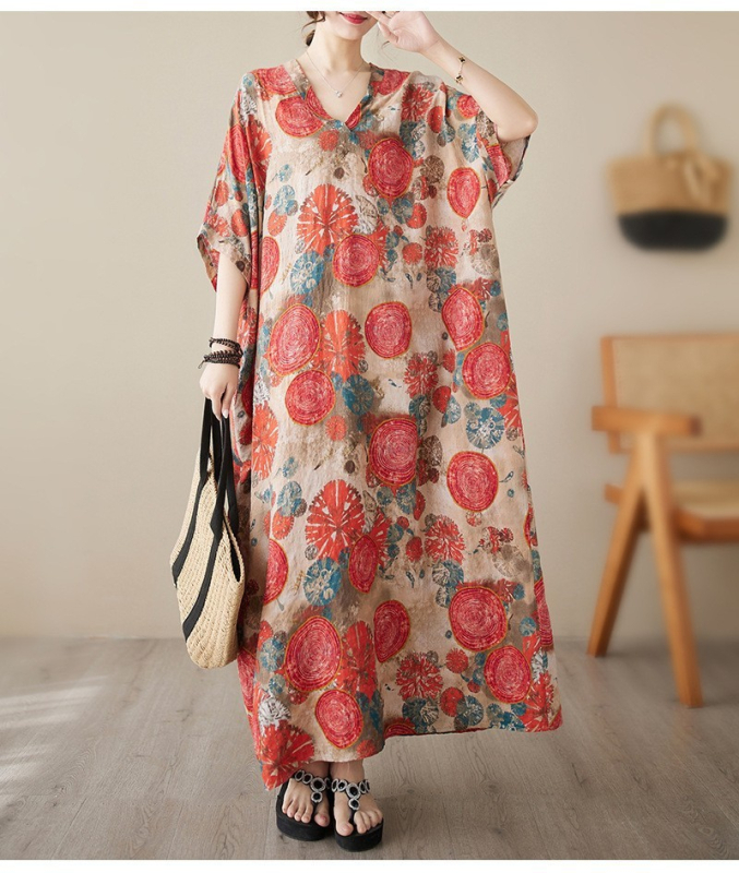 2025. aasta uus suvine stiilis kirjanduslik suur suurus lahtine pühadestiilis V-kaelusega lühikeste varrukatega kleit naiste rannaseelik pikk seelik