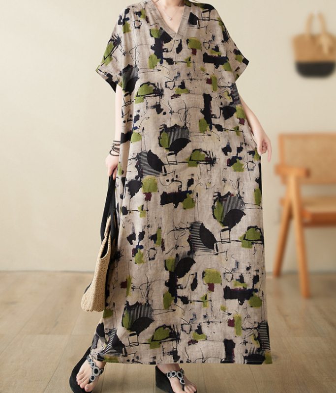 2025. aasta uus suvine stiilis kirjanduslik suur suurus lahtine pühadestiilis V-kaelusega lühikeste varrukatega kleit naiste rannaseelik pikk seelik