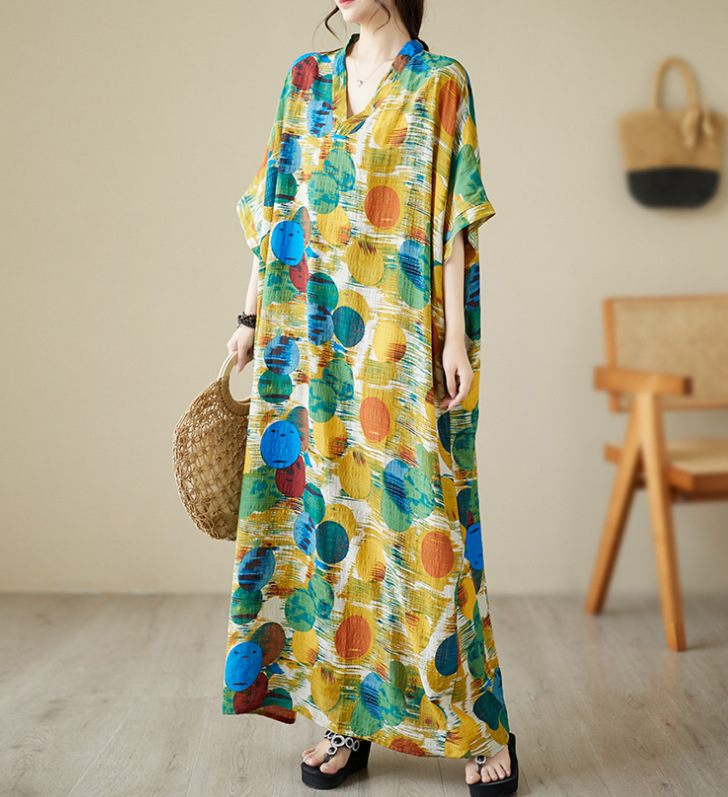 2025. aasta uus suvine stiilis kirjanduslik suur suurus lahtine pühadestiilis V-kaelusega lühikeste varrukatega kleit naiste rannaseelik pikk seelik