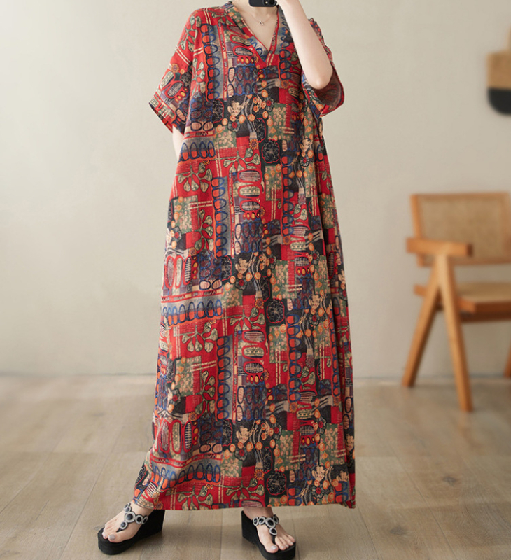 2025. aasta uus suvine stiilis kirjanduslik suur suurus lahtine pühadestiilis V-kaelusega lühikeste varrukatega kleit naiste rannaseelik pikk seelik