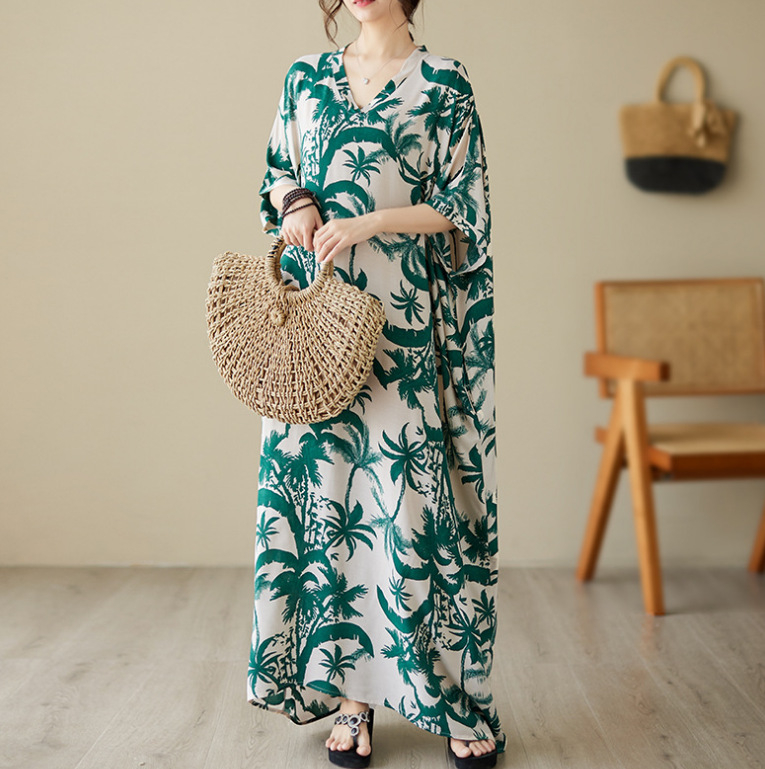 2025. aasta uus suvine stiilis kirjanduslik suur suurus lahtine pühadestiilis V-kaelusega lühikeste varrukatega kleit naiste rannaseelik pikk seelik