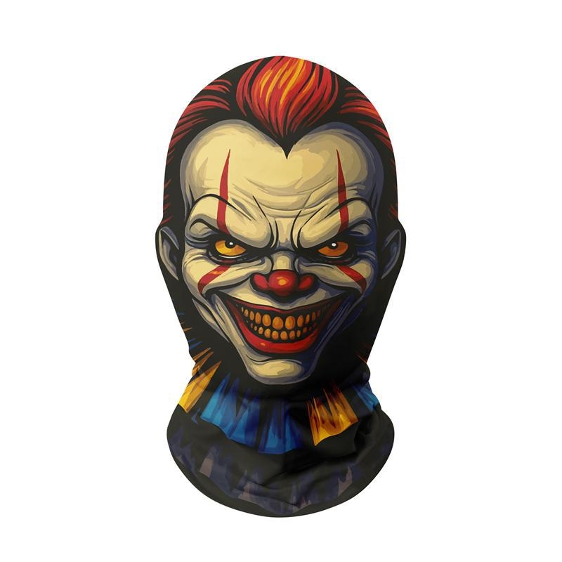 Piiriülene halloweeni jõulude ajal naljakas karnevali peakate, kuri verd sülitav klounimask, punase ninaga peakate