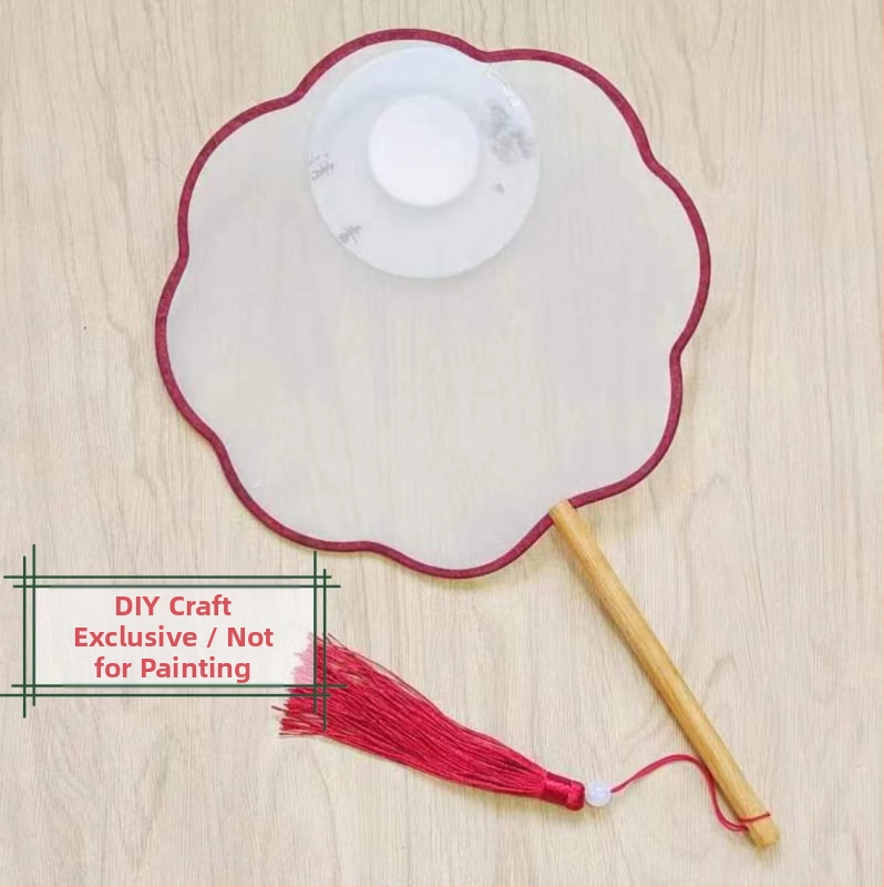 Traditsiooniline ümmargune lehvik tikandiaplikatsiooniga, käeshoitav lillelehvik, lehvikuribid, poolläbipaistev siiditaoline lehvikupind, ärikingitus