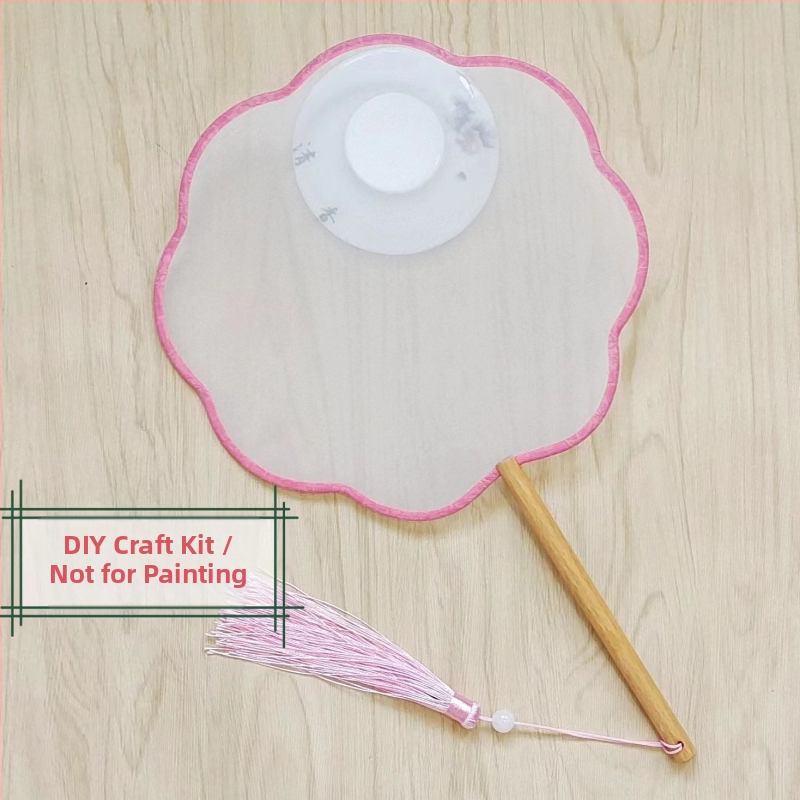 Traditsiooniline ümmargune lehvik tikandiaplikatsiooniga, käeshoitav lillelehvik, lehvikuribid, poolläbipaistev siiditaoline lehvikupind, ärikingitus