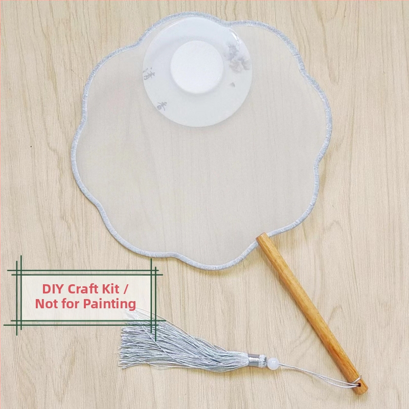 Traditsiooniline ümmargune lehvik tikandiaplikatsiooniga, käeshoitav lillelehvik, lehvikuribid, poolläbipaistev siiditaoline lehvikupind, ärikingitus