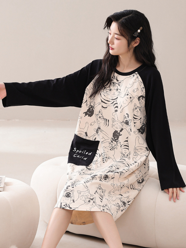 Naiste kevad- ja sügispidžaamad rinnapadjaga, ühes tükis öösärk, puuvillane pikkade varrukatega, pluss-suuruses kleit, koduriided