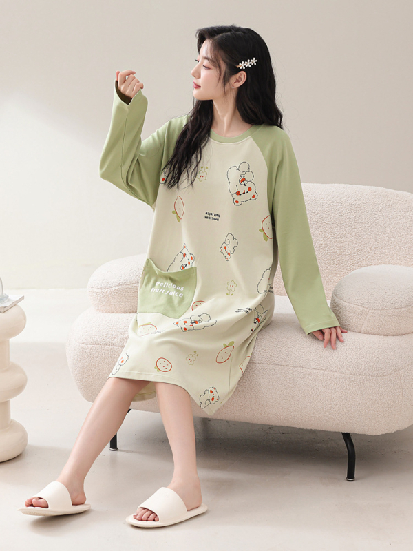 Naiste kevad- ja sügispidžaamad rinnapadjaga, ühes tükis öösärk, puuvillane pikkade varrukatega, pluss-suuruses kleit, koduriided