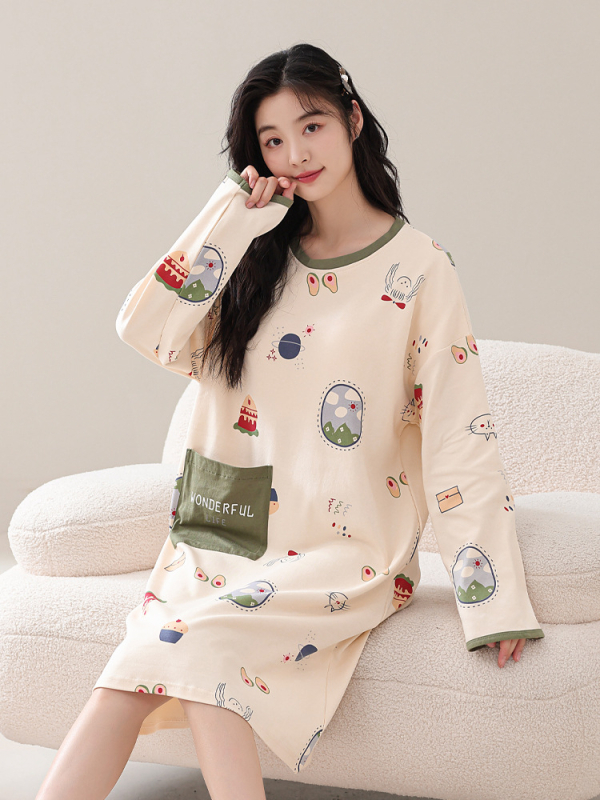 Naiste kevad- ja sügispidžaamad rinnapadjaga, ühes tükis öösärk, puuvillane pikkade varrukatega, pluss-suuruses kleit, koduriided