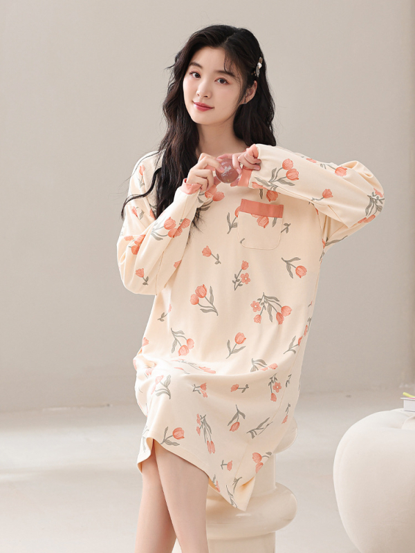 Naiste kevad- ja sügispidžaamad rinnapadjaga, ühes tükis öösärk, puuvillane pikkade varrukatega, pluss-suuruses kleit, koduriided