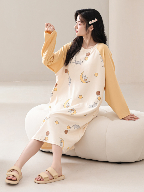 Naiste kevad- ja sügispidžaamad rinnapadjaga, ühes tükis öösärk, puuvillane pikkade varrukatega, pluss-suuruses kleit, koduriided
