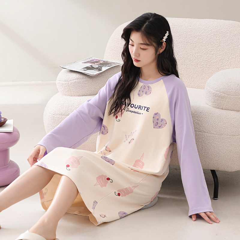 Naiste kevad- ja sügispidžaamad rinnapadjaga, ühes tükis öösärk, puuvillane pikkade varrukatega, pluss-suuruses kleit, koduriided