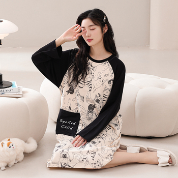 Naiste kevad- ja sügispidžaamad rinnapadjaga, ühes tükis öösärk, puuvillane pikkade varrukatega, pluss-suuruses kleit, koduriided