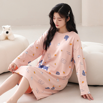 Naiste kevad- ja sügispidžaamad rinnapadjaga, ühes tükis öösärk, puuvillane pikkade varrukatega, pluss-suuruses kleit, koduriided