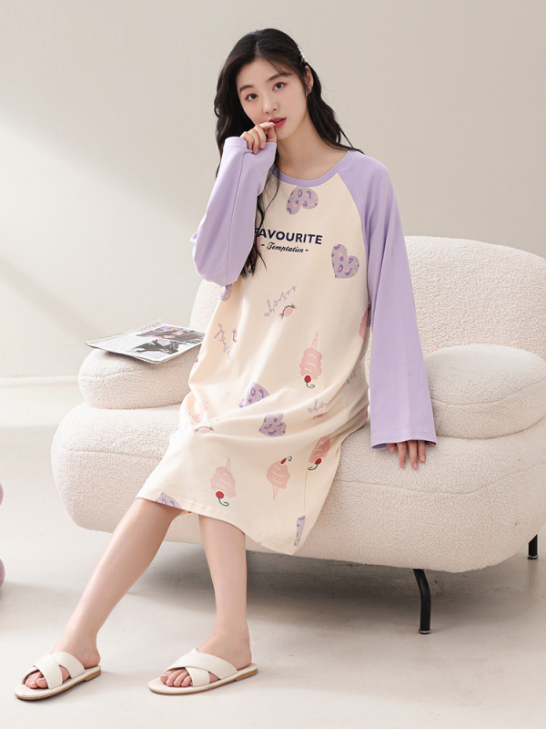 Naiste kevad- ja sügispidžaamad rinnapadjaga, ühes tükis öösärk, puuvillane pikkade varrukatega, pluss-suuruses kleit, koduriided