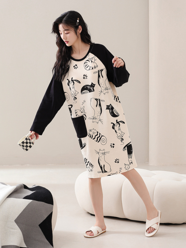 Naiste kevad- ja sügispidžaamad rinnapadjaga, ühes tükis öösärk, puuvillane pikkade varrukatega, pluss-suuruses kleit, koduriided