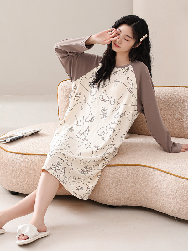 Naiste kevad- ja sügispidžaamad rinnapadjaga, ühes tükis öösärk, puuvillane pikkade varrukatega, pluss-suuruses kleit, koduriided