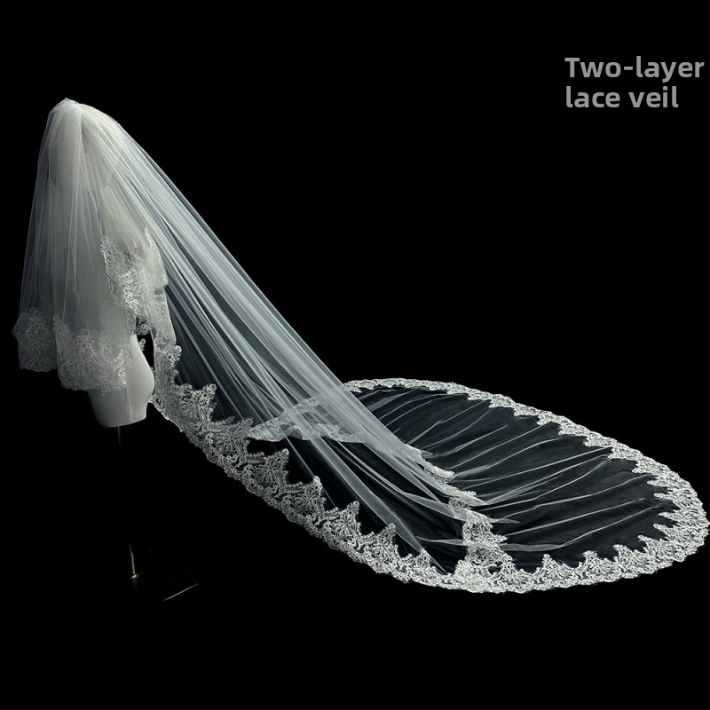 Līgavas kāzu galvenā kāzu kleita Plīvurs Super Immortal Mori korejiešu stila garās astes mežģīņu plīvura aksesuāri