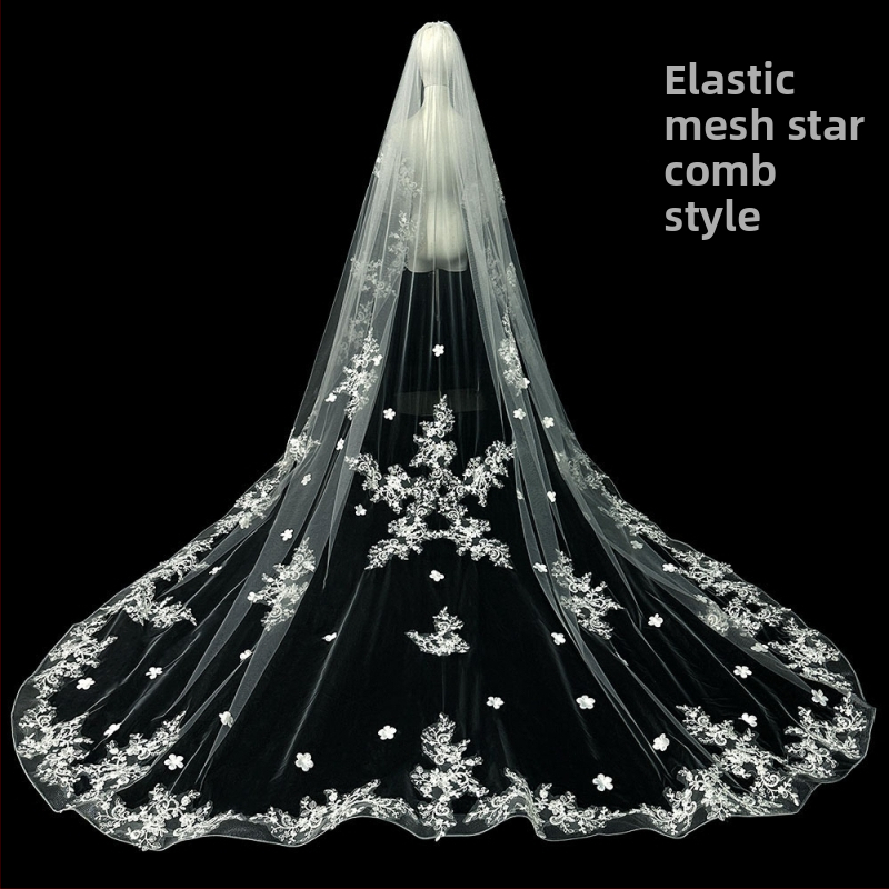 Līgavas kāzu galvenā kāzu kleita Plīvurs Super Immortal Mori korejiešu stila garās astes mežģīņu plīvura aksesuāri