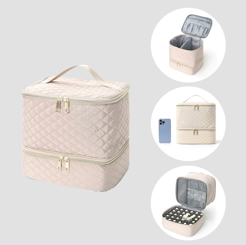 Pārrobežu sprādzienbīstama divslāņu uzglabāšana Augsta augstuma kosmētikas soma Lielas ietilpības pārnēsājama tualetes piederumu soma Kosmētikas soma Nagu lakas uzglabāšanas soma