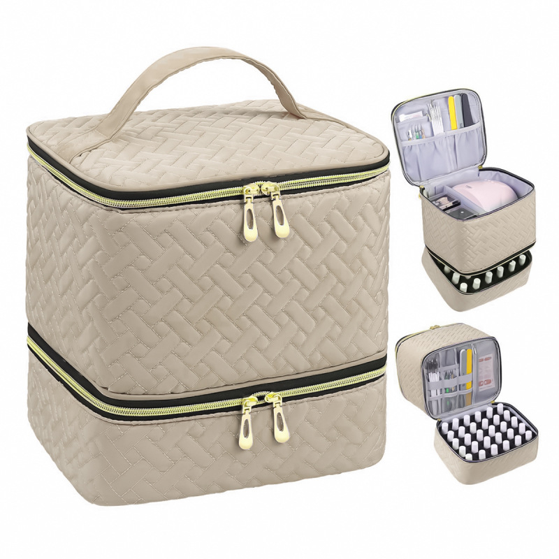 Pārrobežu sprādzienbīstama divslāņu uzglabāšana Augsta augstuma kosmētikas soma Lielas ietilpības pārnēsājama tualetes piederumu soma Kosmētikas soma Nagu lakas uzglabāšanas soma