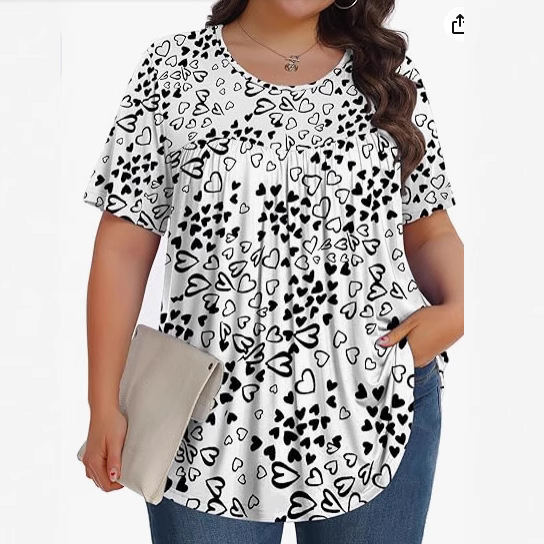 2025. gada pārrobežu eksporta ikdienas apaļa kakla īsroku džemperis liela izmēra ziedu apdrukas sieviešu T-krekls