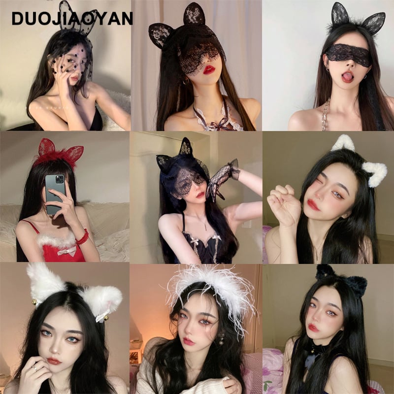 Crna čipkasta traka za glavu s mačkastim ušima, seksi veo, čista želja, zečje uho, cosplay, mala traka za glavu s divljom mačkom, stil čiste želje