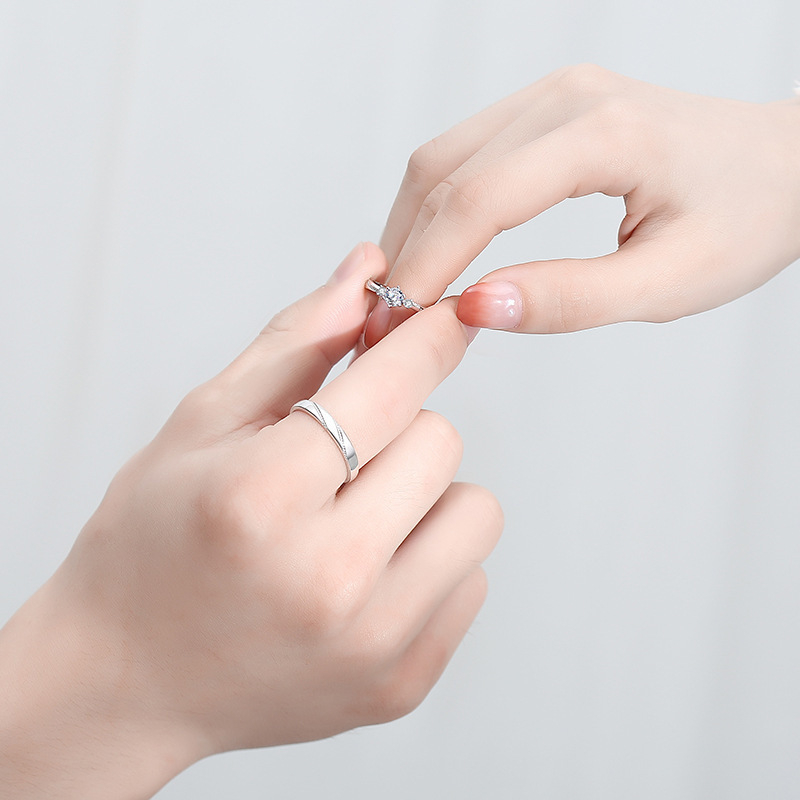 Ζευγάρι δαχτυλιδιών από ασήμι 925, κορεατικό στυλ Love at First Sight, ανοιχτά δαχτυλίδια, γεωμετρικός σχεδιασμός, επιφάνεια κοπής με διαμάντι