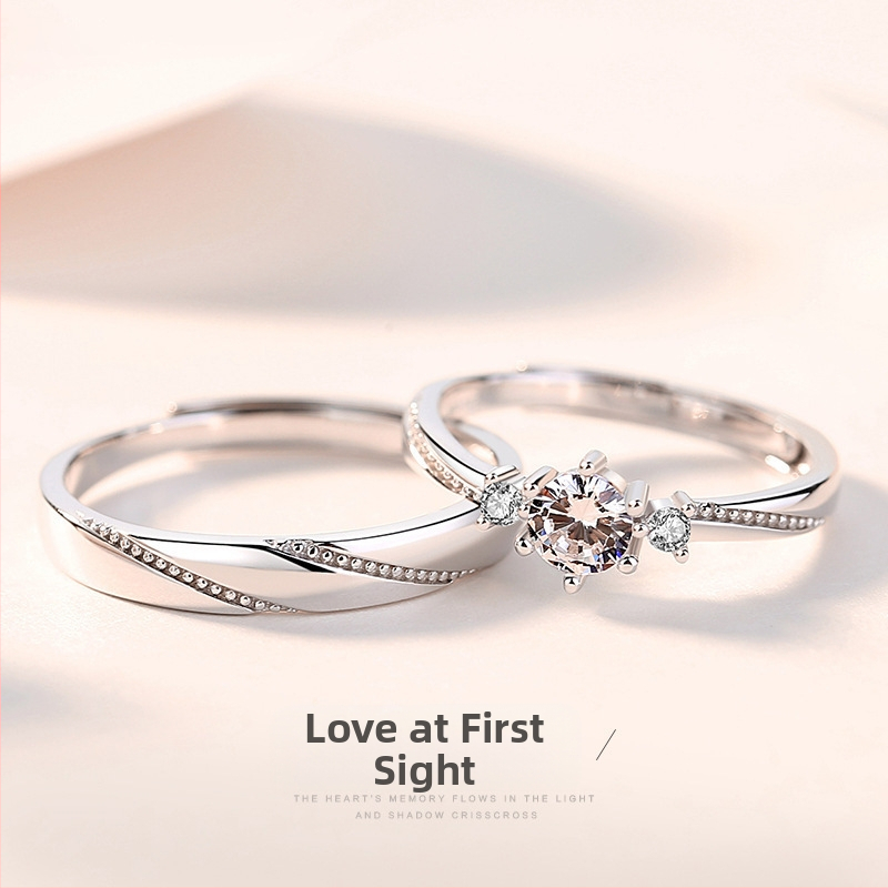 Pár prsteňov zo striebra 925 pre dvojicu, kórejský štýl Love at First Sight, otvorené prstene, geometrický dizajn, diamantovo brúsený povrch