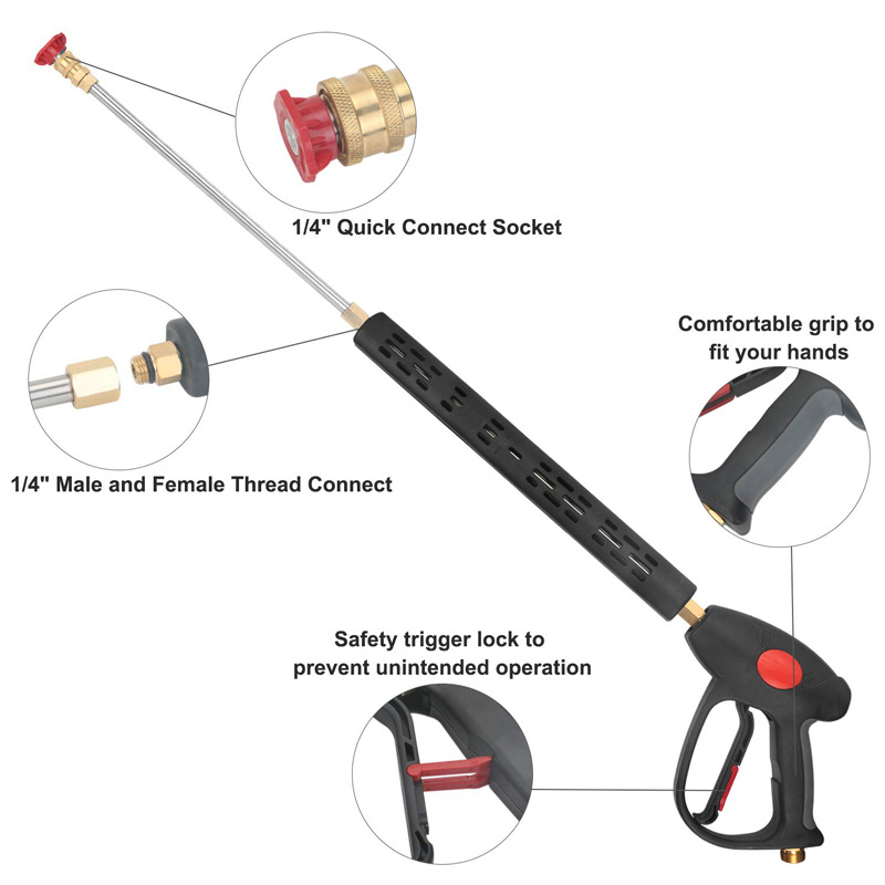 Paplašināta augsta spiediena ūdenspistole automašīnām mazgāšanai, vara galva, ventilatora formas smidzinātājs, 350 bar / 5000 PSI, Wheat Path OP
