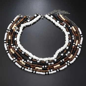 Σετ κολιέ από φλοιό καρύδας, 7 τεμάχια, γεωμετρικός σχεδιασμός, αλυσίδα τύπου κλειδού-ώμου, unisex