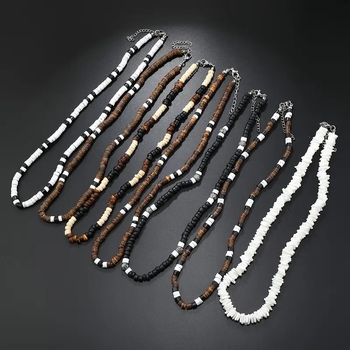 Σετ κολιέ από φλοιό καρύδας, 7 τεμάχια, γεωμετρικός σχεδιασμός, αλυσίδα τύπου κλειδού-ώμου, unisex