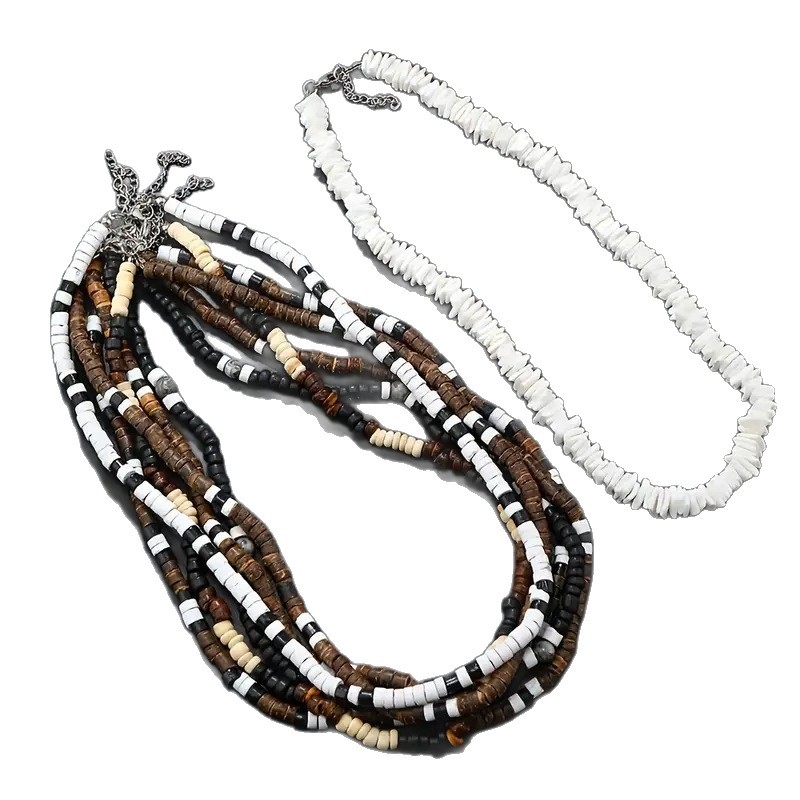 Огърлица комплект от 7 части: кокосова черупка, геометричен дизайн, ключична верига, унисекс