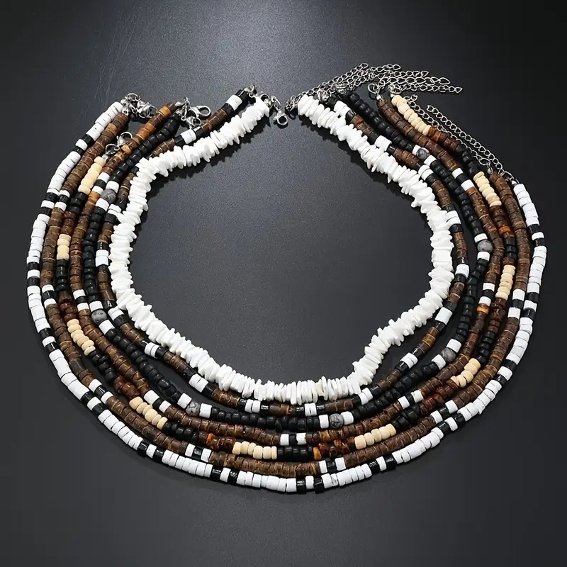 Огърлица комплект от 7 части: кокосова черупка, геометричен дизайн, ключична верига, унисекс