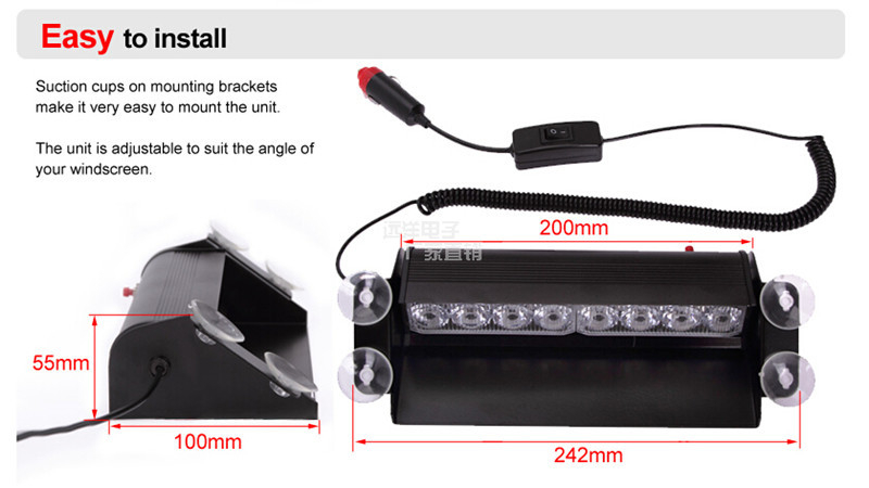 8-LED vilkusignaalvalgus imukupiga esiklaasile - 12V, 4W, mudel 803, PC plastik