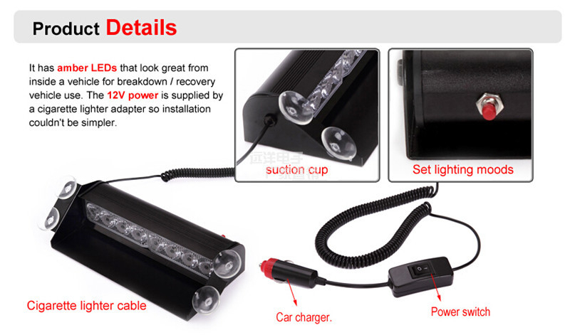 8-LED vilkusignaalvalgus imukupiga esiklaasile - 12V, 4W, mudel 803, PC plastik