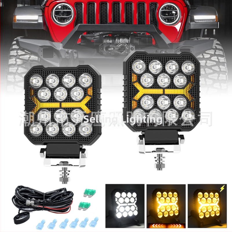 X6 LED kvadrātveida darba luktura visurgājējiem ar divām Y formas acīm; korpuss no spiedēta alumīnija; spriegums 9-30V; LED gaismas avots