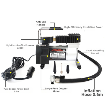 Divu cilindru auto riepu gaisa sūcējs ar metāla korpusu, 12V, 120W, gaisa plūsma 35 L/min, 2,8 m strāvas kabelis, darbība no cigarešu šķiltavas, ar manometru